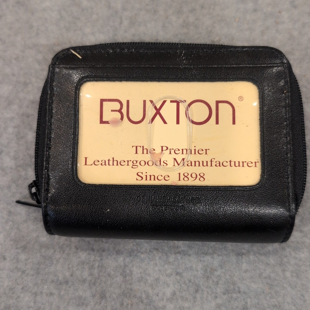 Buxton Double Zip Genuine Leather Accordion Card Wallet Black ID Window Pocket